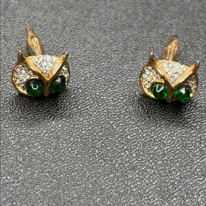 Gold and Green Owl Earrings